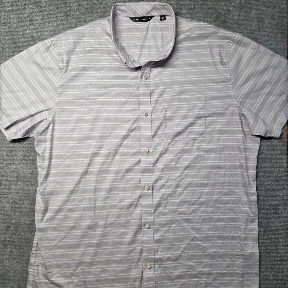 TravisMathew Mens XXL Short Sleeve Button Down Shirt Grey Striped Golf